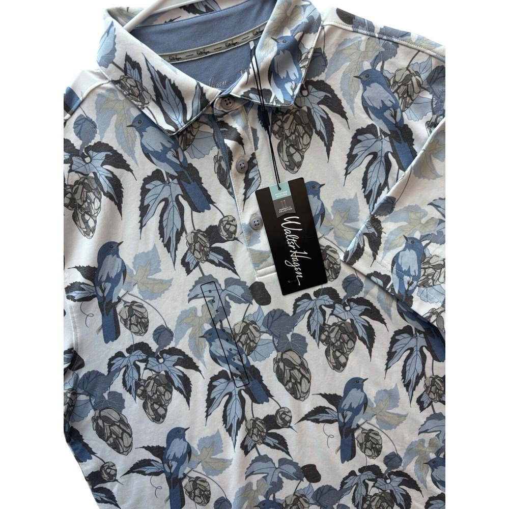 Walter Hagen Hops Birdies Polo Men Small White Blue Bird Print Golf Shirt NEW
